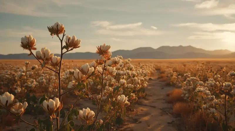 Organic cotton bolls growing in sunlit field