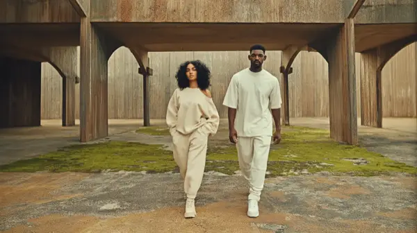 Two models in concrete underpass, close