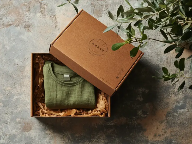 Void Culture recycled kraft packaging with olive garment