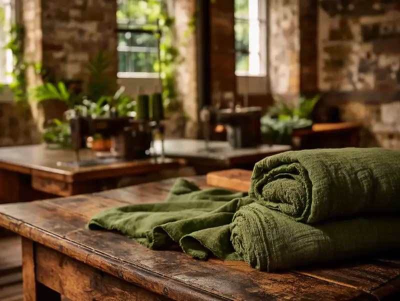 Garment workshop with cutting table and fabric rolls